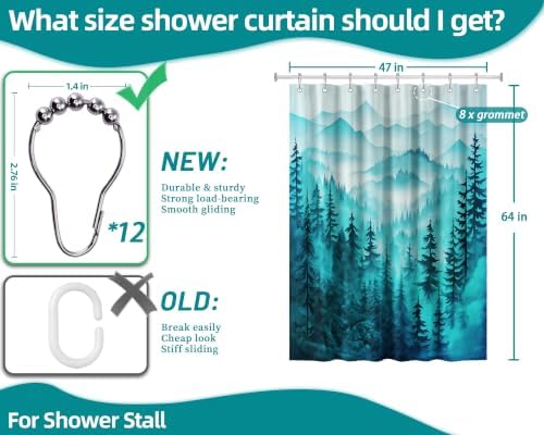 Dark Teal Forest Stall Shower Curtain, 47X64 in Narrow Small, Mountain