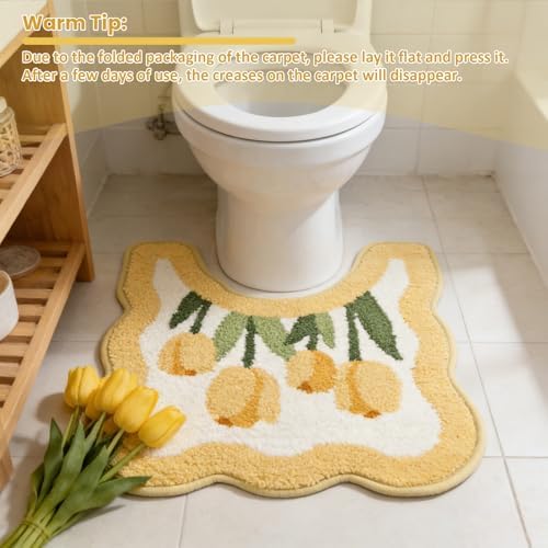 Tulip Flower U-Shaped Toilet Mat, Romantic Floral Non-Slip Bath Rug with Wave Edge Design, Soft Absorbent Microfiber Floor Mat for Toilet Base, Machine Washable Bathroom Decor (U-shaped Yellow)