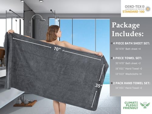 Extra Large Bath Sheet Set of 4,Ultra Soft Fluffy Towel,35”x 70”Oversized Bath Towel Set,Premium Microfiber Bathroom Towel Set Highly Absorbent Quick Dry Shower Towel for Bathroom,Hotel,Spa(Grey)