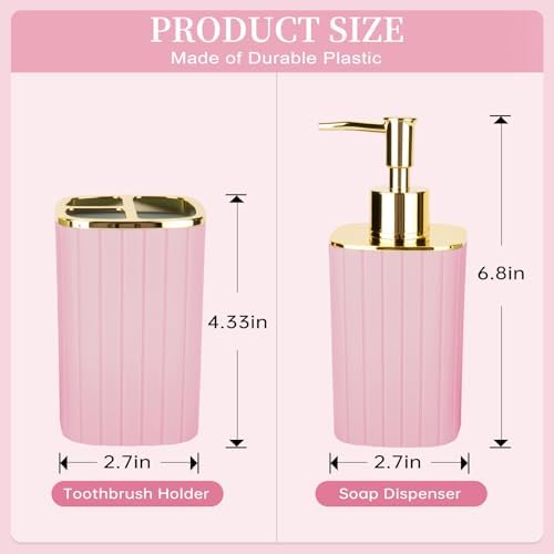 RRM 2PCS Bathroom Accessories Set,Pink Soap Dispenser and Toothbrush Holder