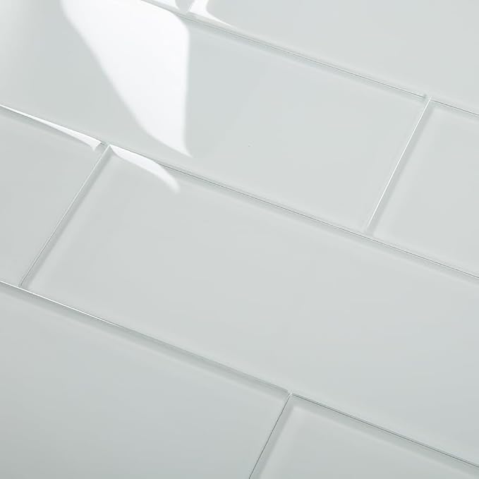 Glass Subway Tile 4 x 12 Inch White Glossy for Kitchen Backsplash Bathroom Wall Pack of 12 Sheets