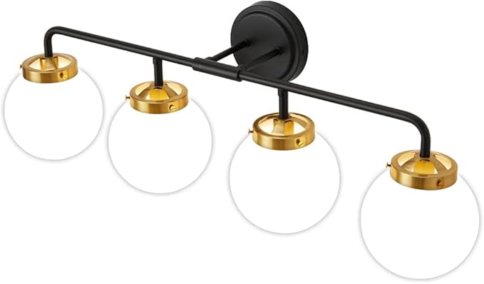 Bathroom Light Fixtures 30.7in 4-Light Black Gold Vanity Lights for Mirror | Dimmable Bathroom Lighting Fixtures over Mirror, ETL, E12 Base Max 60W, Modern Wall Sconce, Milky White Glass Ball Shades