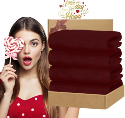VOOVA & MOVAS Bath Towels 4PC, 100% Cotton, 30x56 in, Burgundy Red
