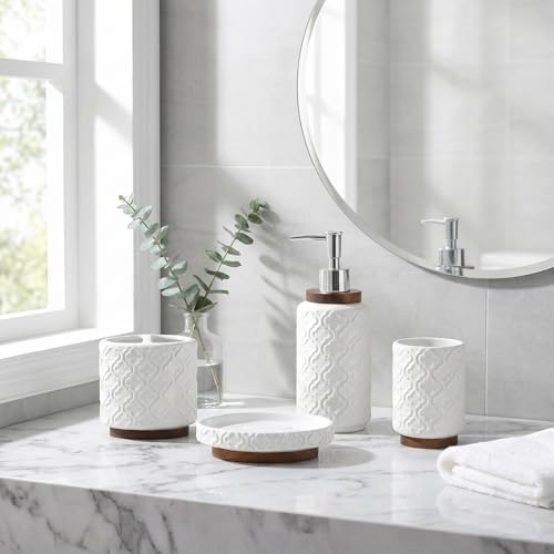 RQYIXI Ceramic Bathroom Accessories Set,White,4 Piece,Embossed Design