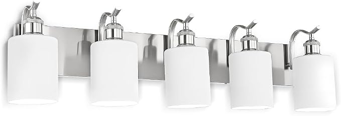 5-Light 34 Inch Bathroom Vanity Light,White Frosted Glass,Nickel | Brushed Nickel,Over Mirror Wall Light,E26 sockets,for bathroom mirror,powder room,dressing area