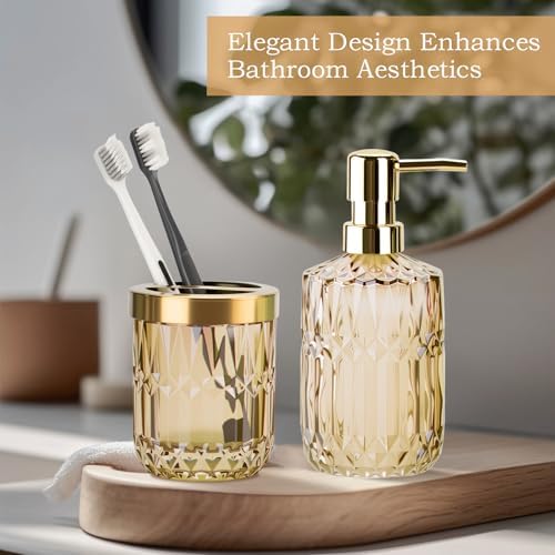 RRM Glass Bathroom Toothbrush Holder and Soap Dispenser Set, Brown