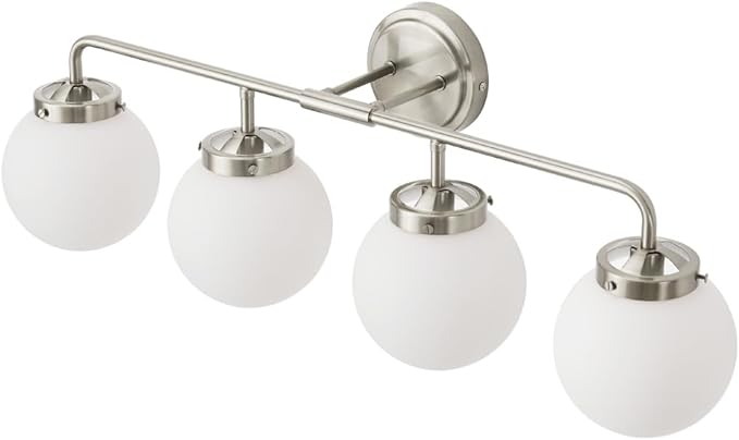 Bathroom Light Fixture 30.7in 4Light Brushed Nickel Vanity Light for Mirror | Dimmable Bathroom Lighting Fixtures over Mirror, ETL, E12 Base Max 60W, Modern Wall Sconce, Milky White Glass Ball Shades