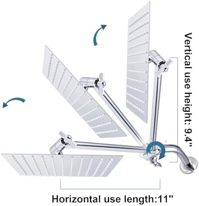 Heavy Duty Adjustable Shower Arm, 11" 100%Brass Extension with Gear Lock Teeth & Swivel Nut,Strong Load Support, No Sagging, Keeps ShowerHead Straight, Leak-Free, G1/2 NPT(Chrome)