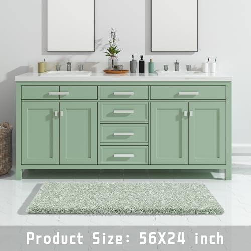 Yimobra Luxury Bathroom Rugs, Fluffy Bath Mats, Non Slip, Water Absorbent Microfiber, Machine Washable, Plush Runner Shower Rugs, Thick Matts for Bathroom Floor&Tub, 56" X 24", Light Green and White