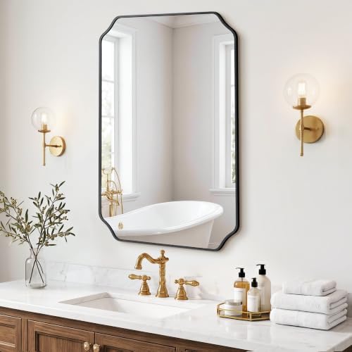 Vanity Bathroom Mirror, 24" x 36" Black Scalloped Mirror for Wall