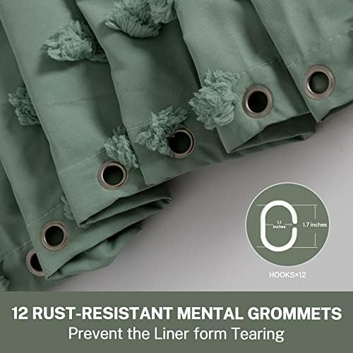 Extra Long Green Boho Shower Curtain Woven Fabric Cute 84 Inch Shower Curtain, 72 x 84 Tufted Pleat Floral Puffs Textured Modern Farmhouse Minimalist Shower Curtain Set with Hooks for Bathroom