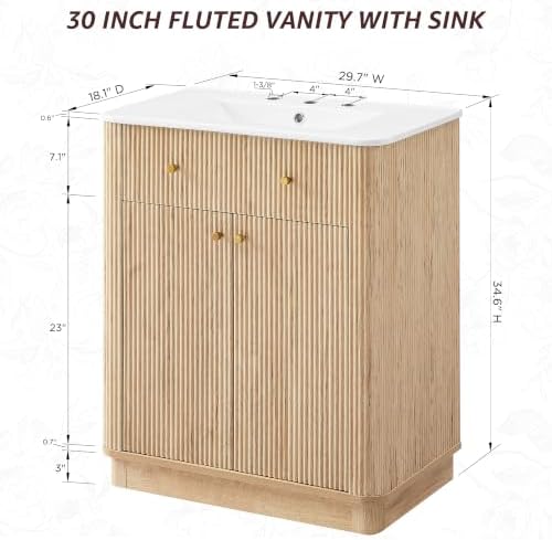 T4TREAM 30" Fluted Bathroom Vanity with Single Sink, Natural Oak