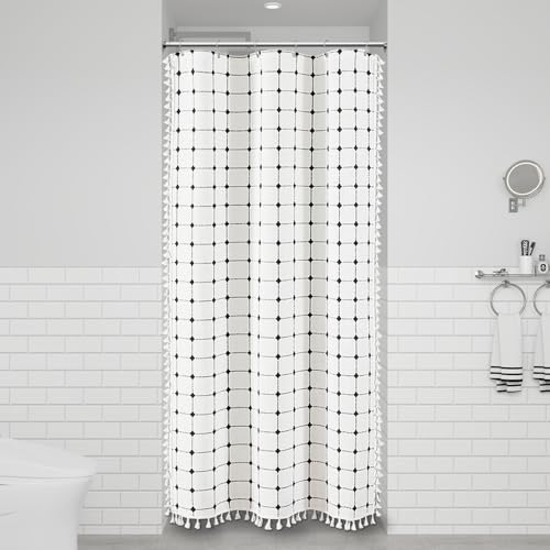 BTTN Stall Boho Farmhouse Linen Shower Curtain Set, 36x72, White and Black