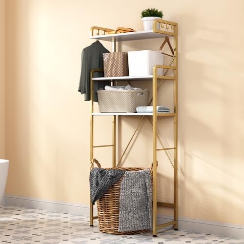 Over The Toilet Storage Rack with 3-Tier Shelves, Space Saver Toilet Shelf, Laundry Organizer with Hooks for Over Toilet Storage and Space Saver (White & Gold)