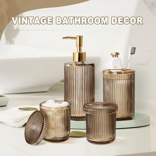 KASUNTING Brown Glass Bathroom Accessories 4 Pcs, Brown Bathroom Set, Soap Dispenser and Toothbrush Holder Set, Qtip Holder Set, Vintage Bathroom Sink Set, Modern Bathroom Decor