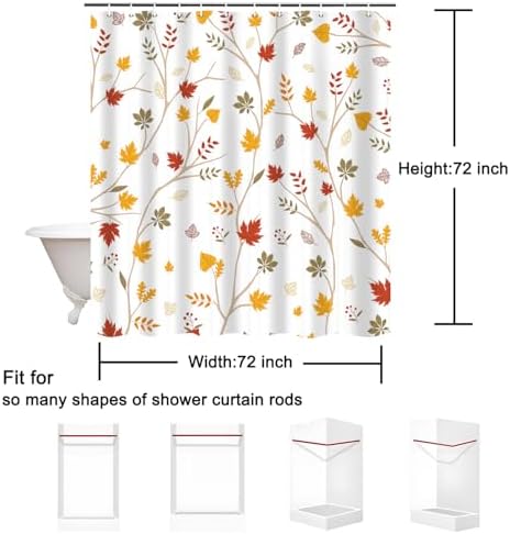 Fall Leaves Shower Curtain, Brown Eucalyptus Maple Leaf Plants Seasonal Autumn Bathroom Decor, Waterproof Cloth Fabric Bathroom Curtain with Hooks 72 x 72 inch