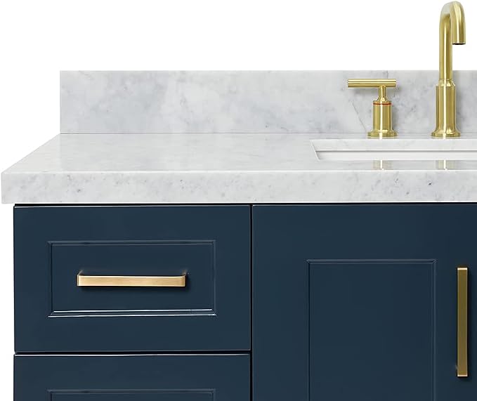 Emilia 48-Inch Bathroom Vanity with Sink — Midnight Blue Single Sink Bathroom Vanity, 1.5" Edge Italian Carrara Marble Top, Solid Wood, 2 Soft Closing Doors, 9 Dovetail Drawers