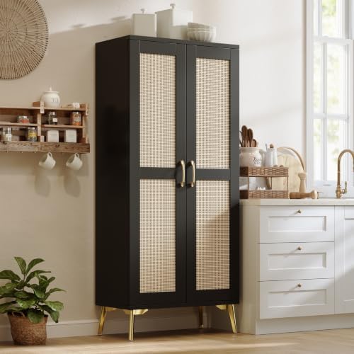 JASIWAY Tall Bathroom Storage Cabinet 57" Rattan Pantry Cabinet, Black