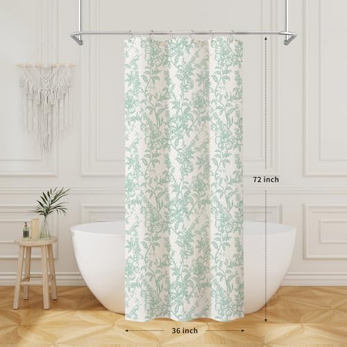 Teal Boho Linen Fabric Shower Curtain , Farmhouse Floral For Bathroom