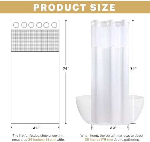 WONICY No Hook Small Shower Curtain with Snap-in Liner, White, 36 x 74