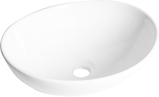 Oval Bathroom Vessel Sink Above Counter, QISHKA 16" x 13" Countertop Vanity Sink Modern Art Basin Lavatory White Ceramic White Bowl Sink