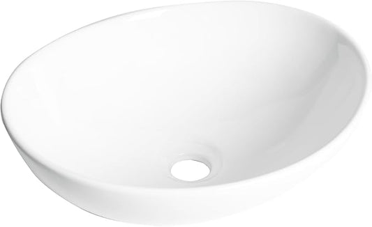 Oval Bathroom Vessel Sink Above Counter, QISHKA 16" x 13" Countertop Vanity Sink Modern Art Basin Lavatory White Ceramic White Bowl Sink