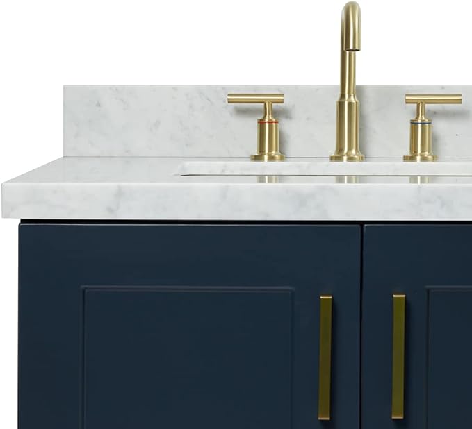 DKB Emilia 72 Inch Bathroom Vanity Double Sink — Midnight Blue Bathroom Vanity with Sink, 1.5" Edge Italian Carrara Marble Countertop & Backsplash, 4 Soft-Close Doors, and 6 Dovetail Drawers