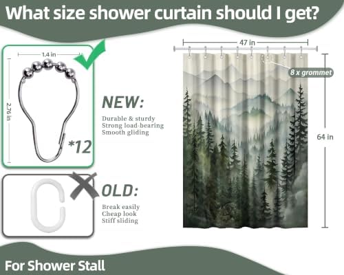 Sage Green Forest Stall Shower Curtain, 47X64 in Narrow Small, Mountain