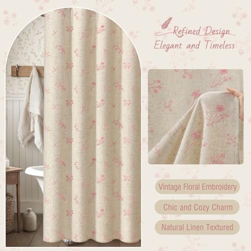 Pink Floral Vintage Linen Shower Curtain Embroidered Textured 72Wx72H