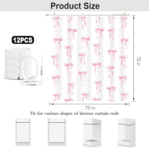 Pink Bow Shower Curtain for Bathroom Decor, Teen Girls Theme, 72x72In