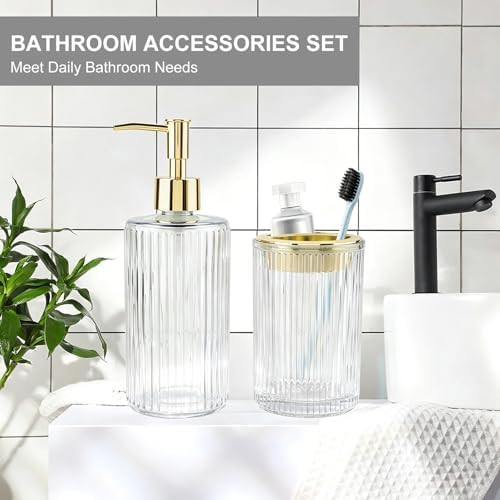 Clear Glass Bathroom Accessories Set, Soap Dispenser and Toothbrush Holder