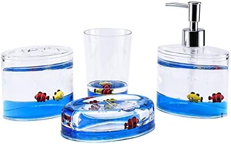 Locco Decor 4 Piece Acrylic Liquid 4D Floating Motion Bathroom Vanity Accessory Set Ocean Cartoon Animal Theme Fish Toothbrush Holder, Tumbler, Soap Dispenser, Soap Dish