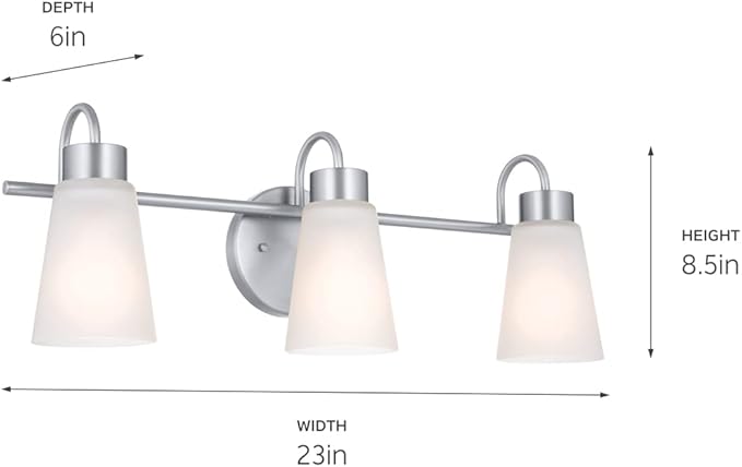 Kichler Erma 3-Light Bathroom Vanity Light Fixture with Clear Satin Etched Glass, Updated Traditional Wall Light in Brushed Nickel, (23" x 8.5")