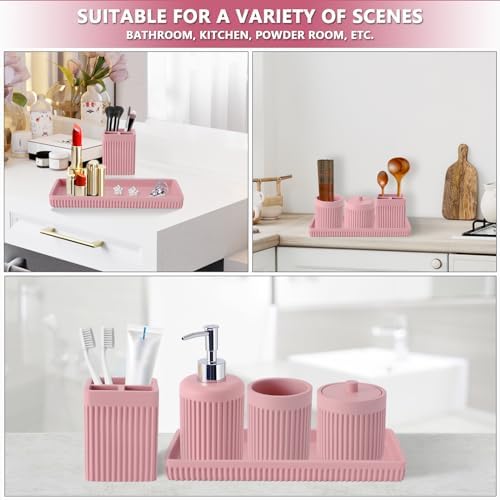 XLHOMO Resin Pink Bathroom Accessories Set 5 Pcs, Lotion Soap Dispenser, Toothbrush Holder, Bathroom Tumbler, Qtip Holder and Vanity Tray, Bathroom Countertop Organizer Set for Modern Home Apartment