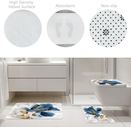 Blue Gold Floral Abstract Modern 4Pcs Bathroom Shower Curtain Set with Rugs