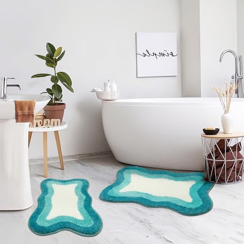 HAOCOO Luxury Microfiber Bathroom Rug, 20x31 inch Soft Non Slip Aqua Blue Gradient Bath Mat, Absorbent Washable Cute Bath Mat for Sink Tub Shower