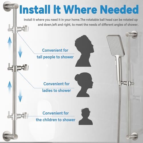 Shower Slide Bar Adjustable Handheld Shower Head Holder Wall Mount - 30inch All-Metal Shower Head Slide Bar Compatible with Bathroom Drill Free Glue Installation - Brushed