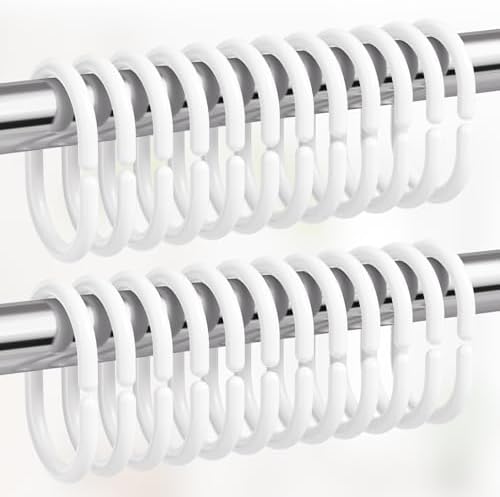 Amazer White Shower Curtain Hooks Rings, 24 Pcs Plastic Shower Curtain Rings, Plastic Shower Curtain Hooks for Bathroom Shower Rod, White Shower Hooks Rings Loops for Shower Curtain