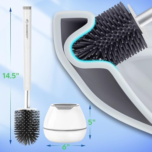 BOOMJOY Toilet Brush and Holder Set, Silicone Toilet Bowl Cleaner Brush, Bathroom Cleaning Bowl Kit with Tweezers, Bathroom Accessories with Aluminum Handle - White