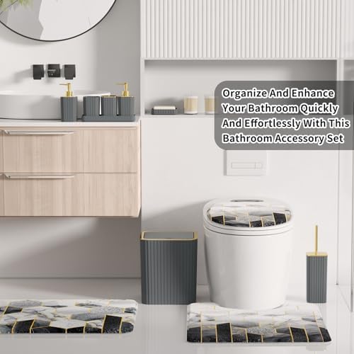 XLHOMO Bathroom Set - 26PC Bathroom Set with Shower Curtain and Rugs, Bathroom Accessory Set, Grey Bathroom Accessories Set, Trash Can & Soap Dispenser