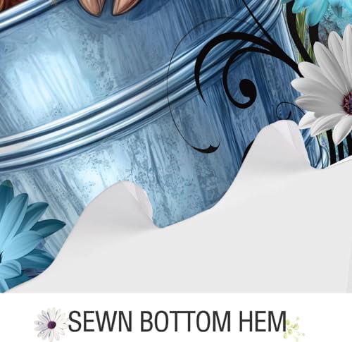 Rustic Farmhouse Shower Curtain, Farm Teal Daisy Floral Flowers and Butterfly on Country Wooden Shower Curtain for Bathroom, Country Blue Daisy Cute Highland Cow Curtain with 12PCS Hooks 54X72in