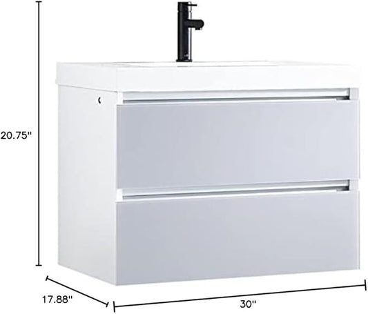Blossom 30 inch LED Lighted Bathroom Vanity with Acrylic Sink | Wall Mounted Vanity with Dimmable LED Lights | Modern Floating Design for Small Bathrooms | 30" w/Acrylic Sink, Light Grey