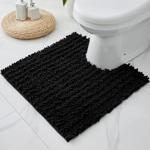 Disolla Toilet Rug 24x24 Inch - Black U-Shaped Bathroom Floor Mat, Soft Shaggy Plush Absorbent Chenille Contour Rug, Non-Slip Washable Pedestal Base Rug
