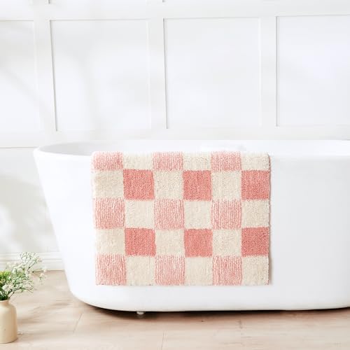 CozeCube Blossom Pink Checkered Bath Mat 32"x20" Non Slip Washable Rug