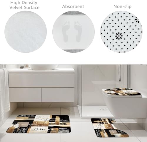 Black Gold Abstract Oil Painting 4Pcs Bathroom Shower Curtain Set with Rugs