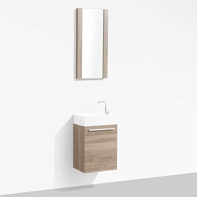 Blossom 18-Inch Floating Bathroom Vanity with Acrylic Sink and Mirror, All-Wood Construction, Space-Saving Wall Mounted Vanity for Compact Bathrooms, Modern Design Bathroom Sink Cabinet, Cart Oak