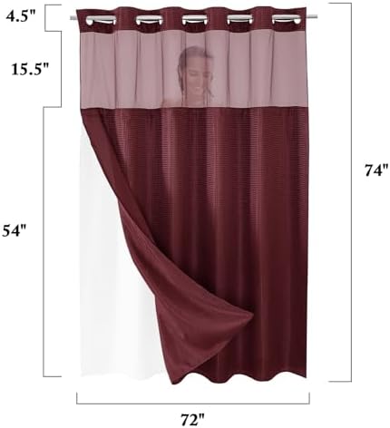 Gibelle No Hook Cloth Burgundy Shower Curtain with Liner, 72x74