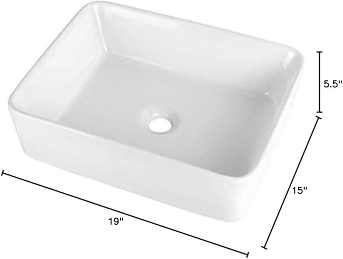 White Bathroom Vessel Sink Ceramic Vanity Art Basin Above Counter | 19x15 Inch Rectangular Bathroom Sink Porcelain Vessel Vanity Sink