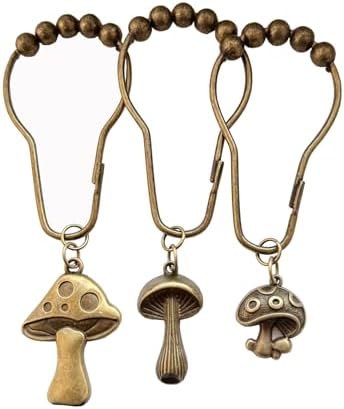 Mushroom Shower Curtain Hooks, 12Pcs Rustproof Metal Cute Retro Mushroom Shower Curtain Hooks Rings for Boho Fairy Forest Country Cottagecore Style Home Bathroom Decor (Set-Bronze)