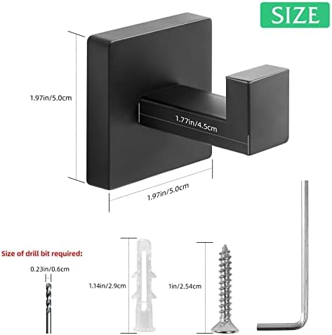 Heavy Duty Stainless Steel Towel Hooks, Wall Mounted Square Robe Hooks for Bathroom, Kitchen, Bedroom, Hotel Matte Black 2 Pack